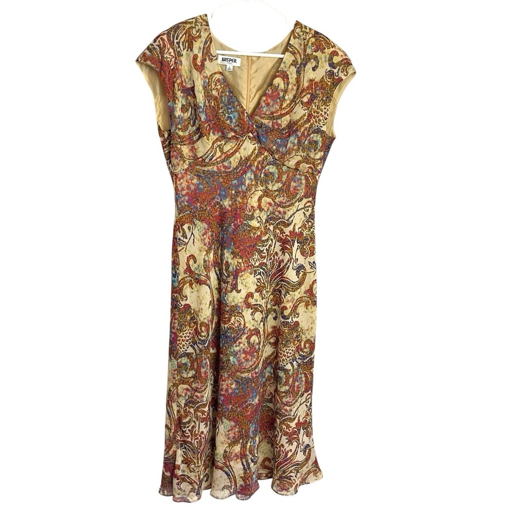 Kasper Y2K Babydoll Midi Dress Size 16 Beige Red Boho Paisley Sleeveless Fairy